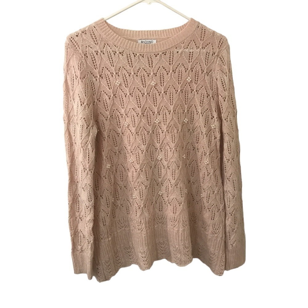 Baciano light pink fuzzy knit sweater with mini Pearls size medium